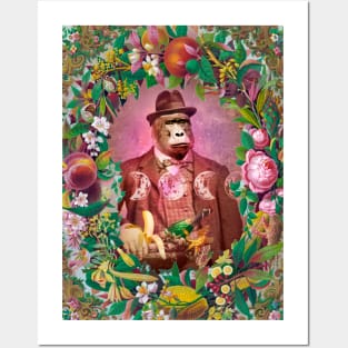 Gentleman gorilla fruit and flowers vintage card Posters and Art